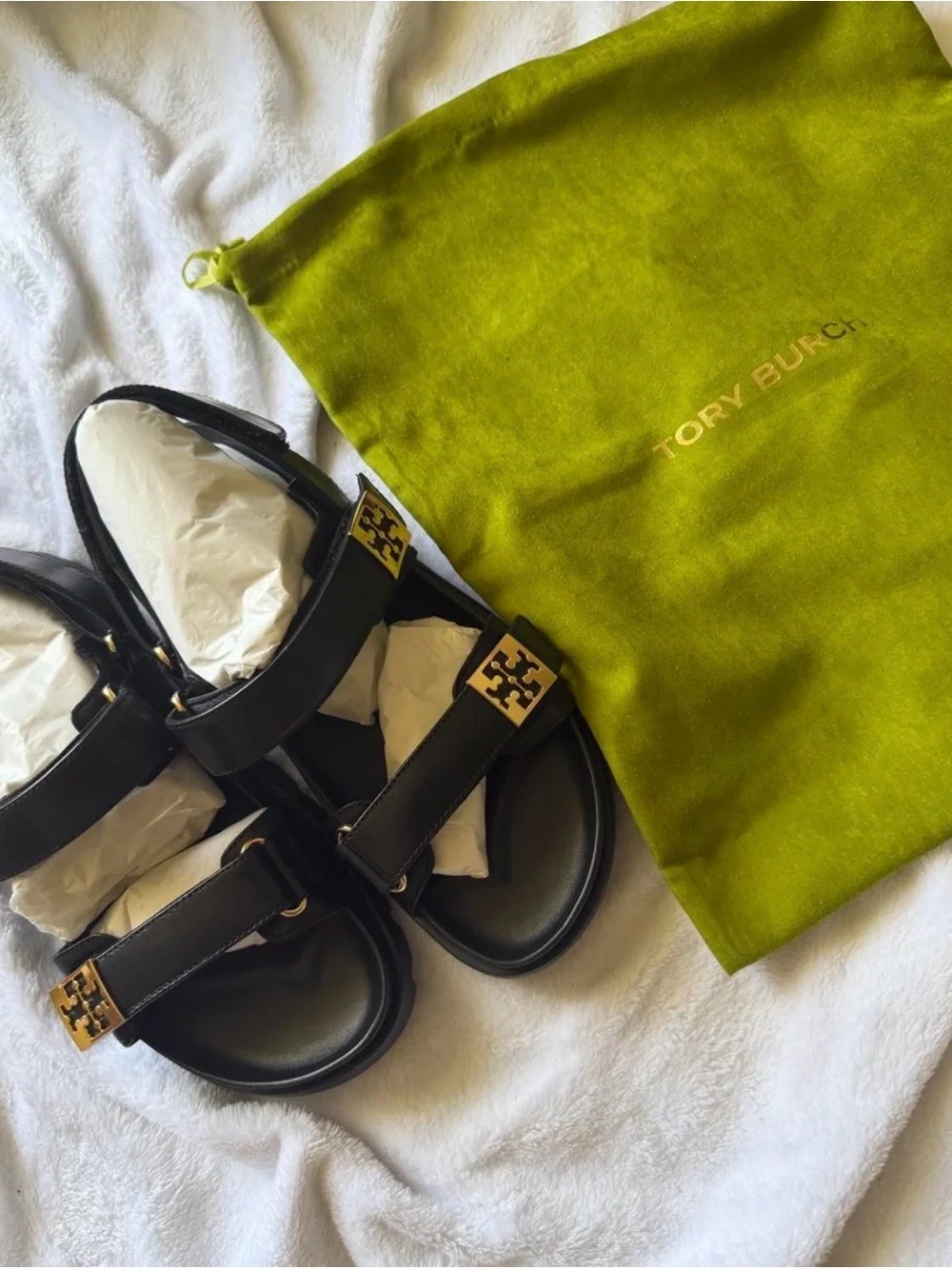 Never worn Tory Burch Black Leather Sandals with Gold Logo Hardware